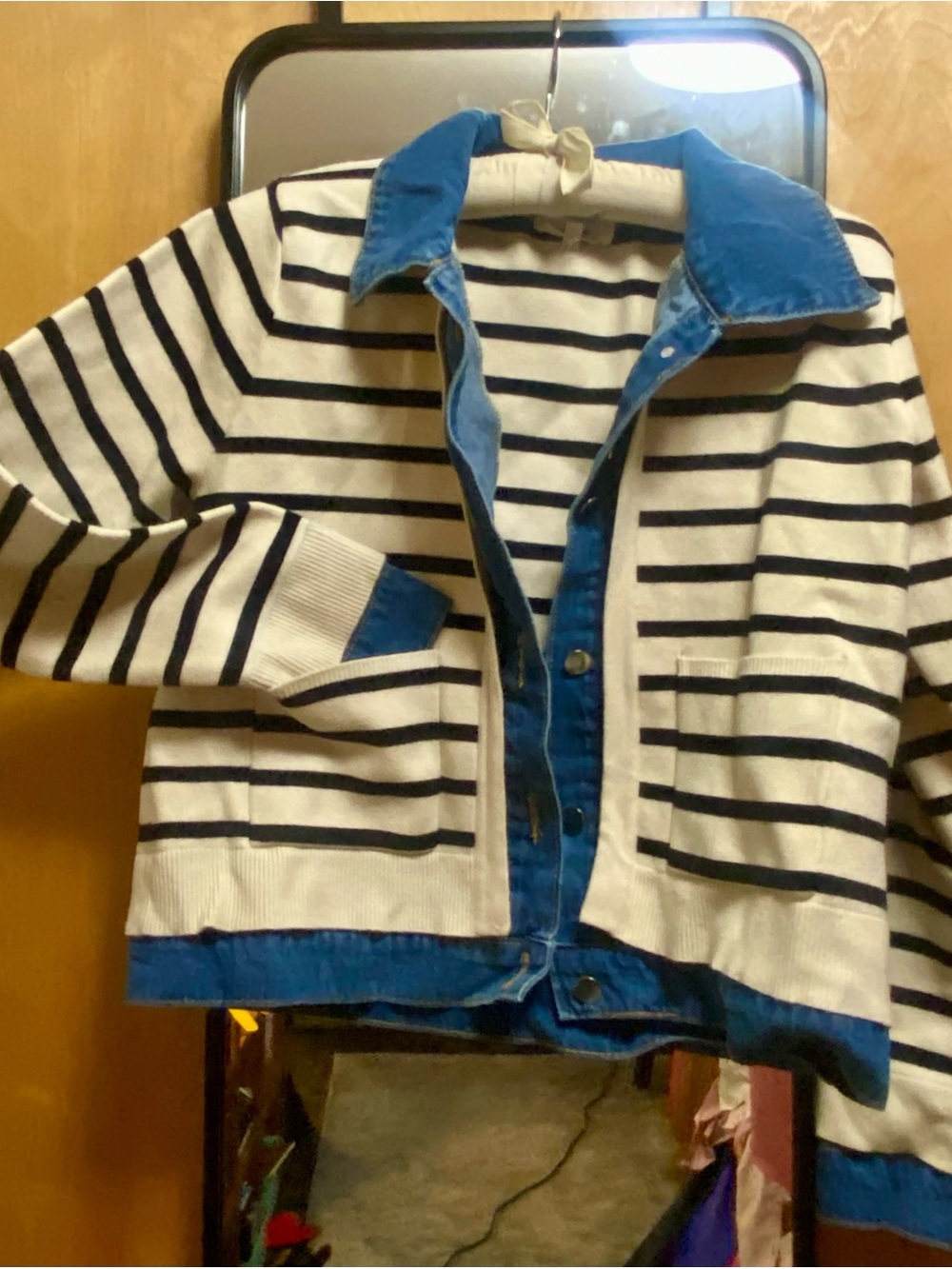 Striped Black & White Jacket with Blue Jean Collar/Sleeves | Entro | Medium